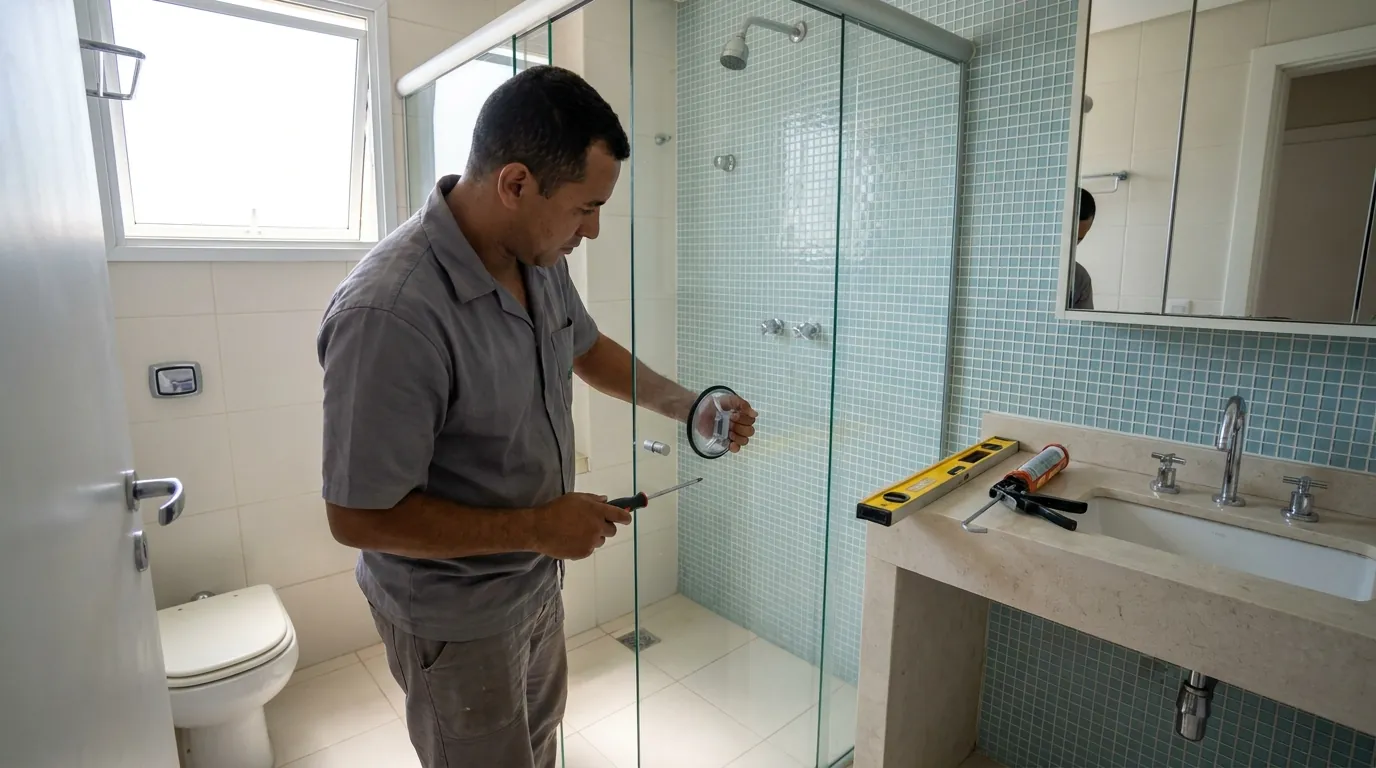 Vidraceiro ajustando a vedação de um box de banheiro