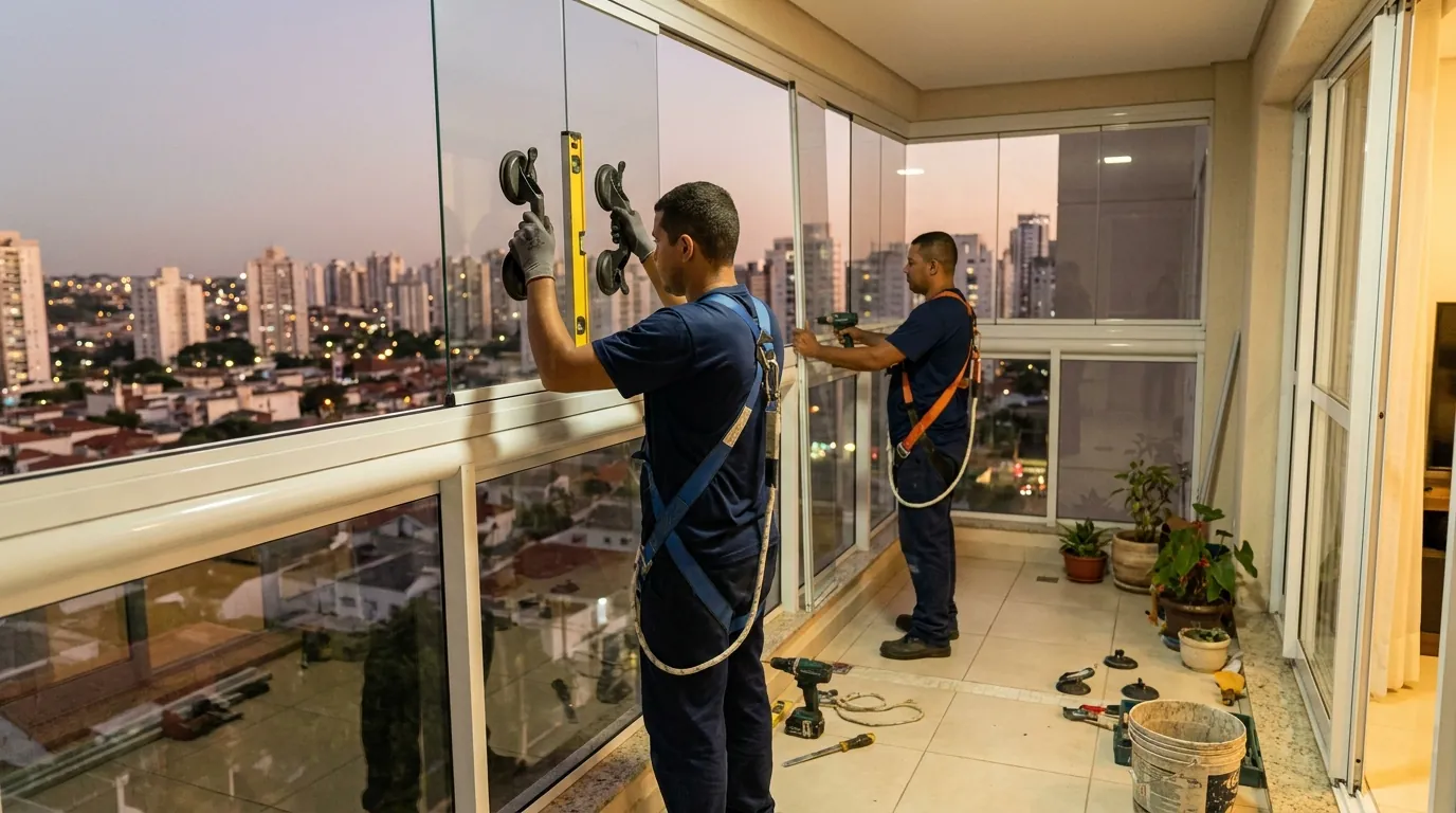 Divisória de vidro sendo montada no ambiente